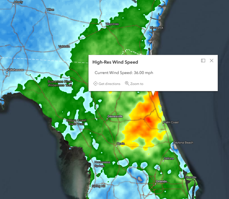 كجزء من شبكة شركاء Esri، يمكن لـ Baron Weather عرض لقطة شاشة لسرعة الرياح الحالية